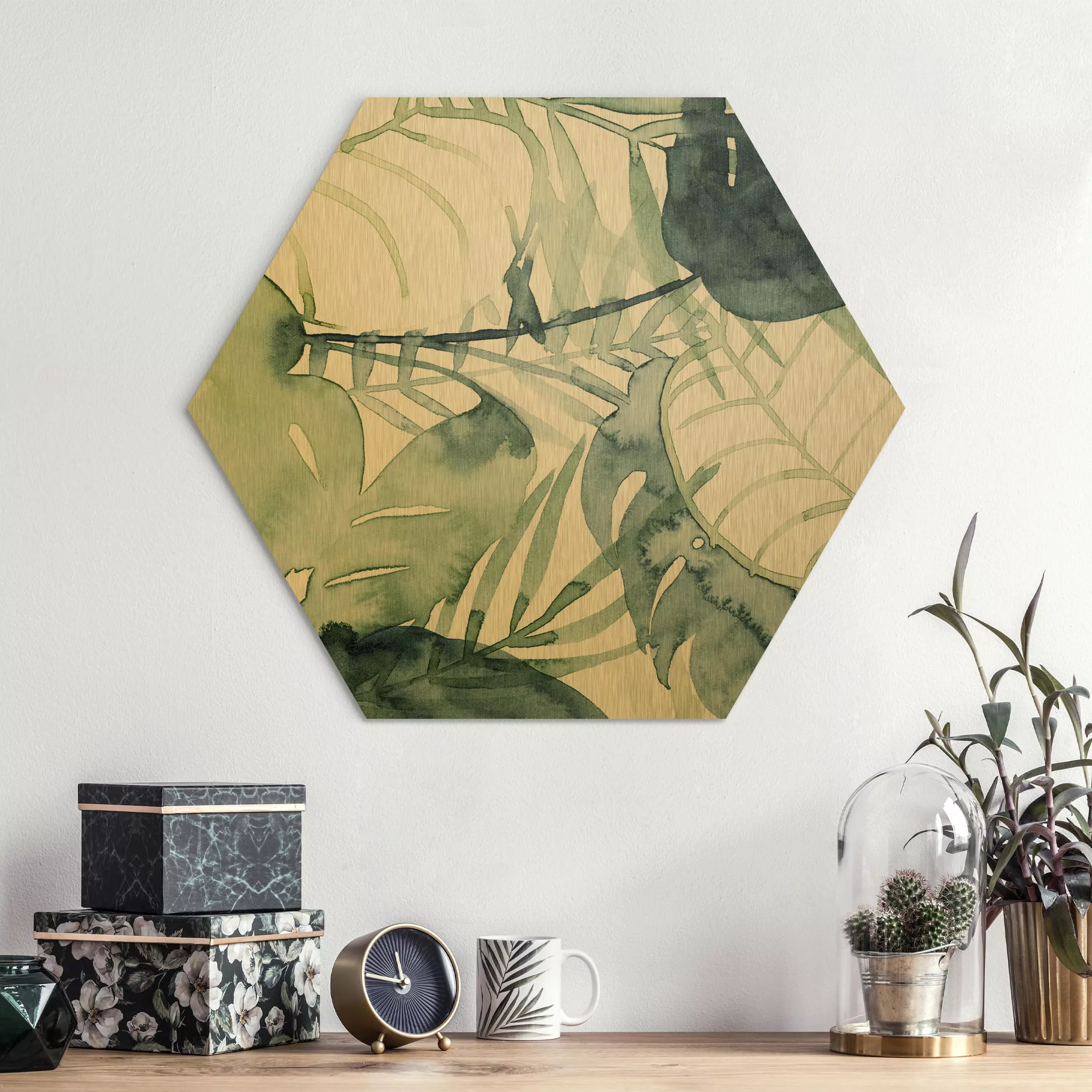 Hexagon-Alu-Dibond Bild Blumen Palmwedel in Wasserfarbe II günstig online kaufen