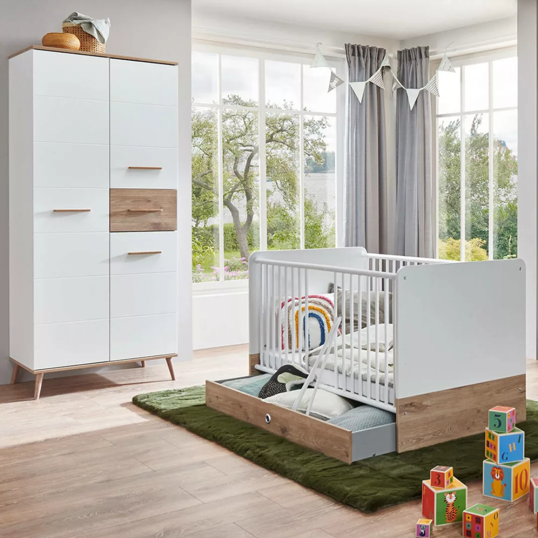 Babyzimmer Set Gitterbett und Kleiderschank weiß mit Eiche skandinavisches günstig online kaufen