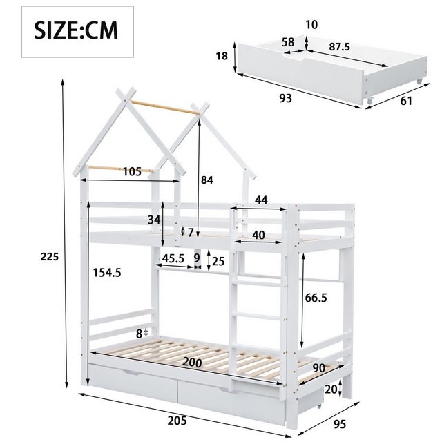 Flieks Etagenbett, Kiefer Hausbett Kinderbett mit Schubladen Regalen 90x200 günstig online kaufen