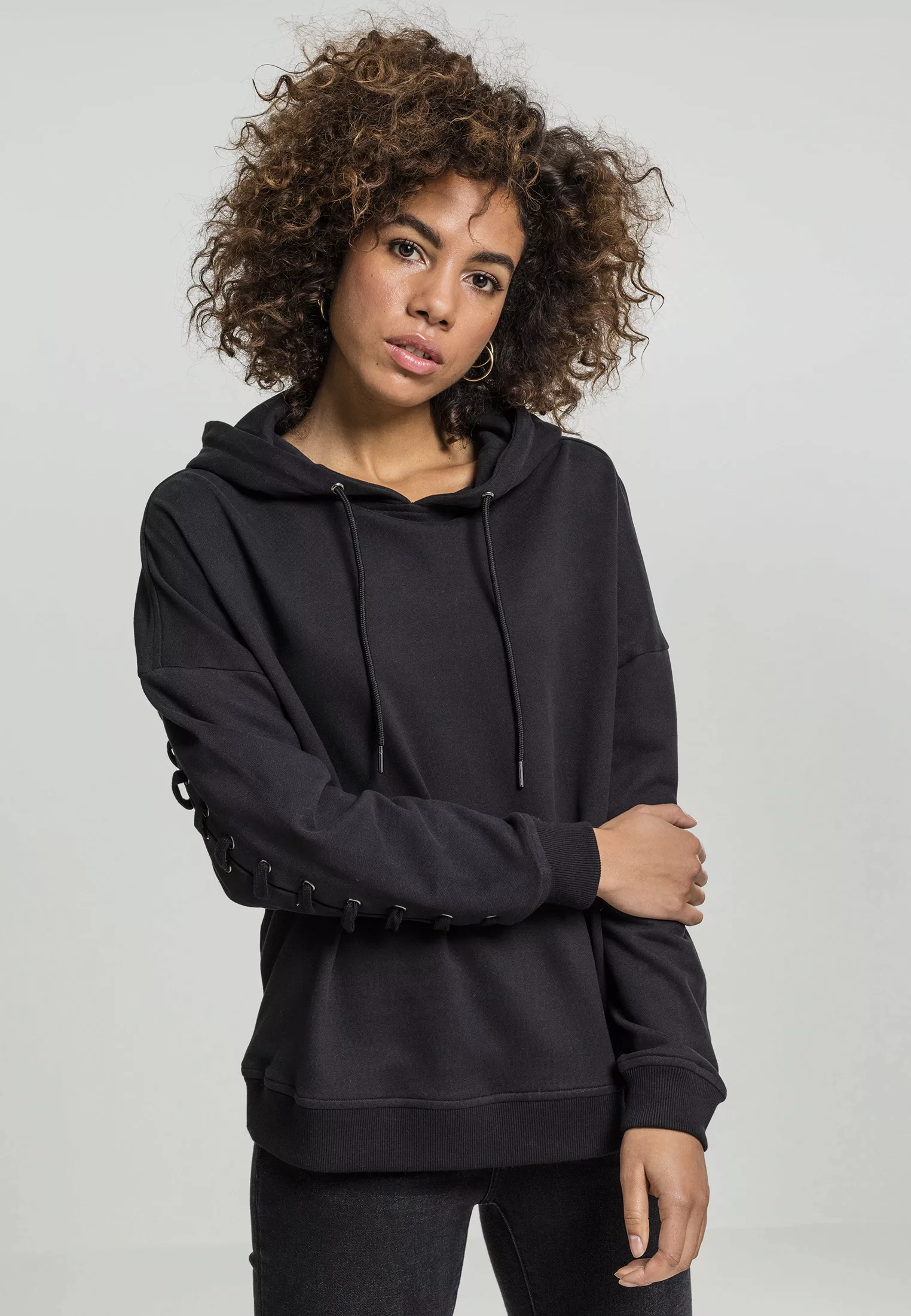 URBAN CLASSICS Rundhalspullover "Urban Classics Damen Ladies Laced-Up Hoody günstig online kaufen