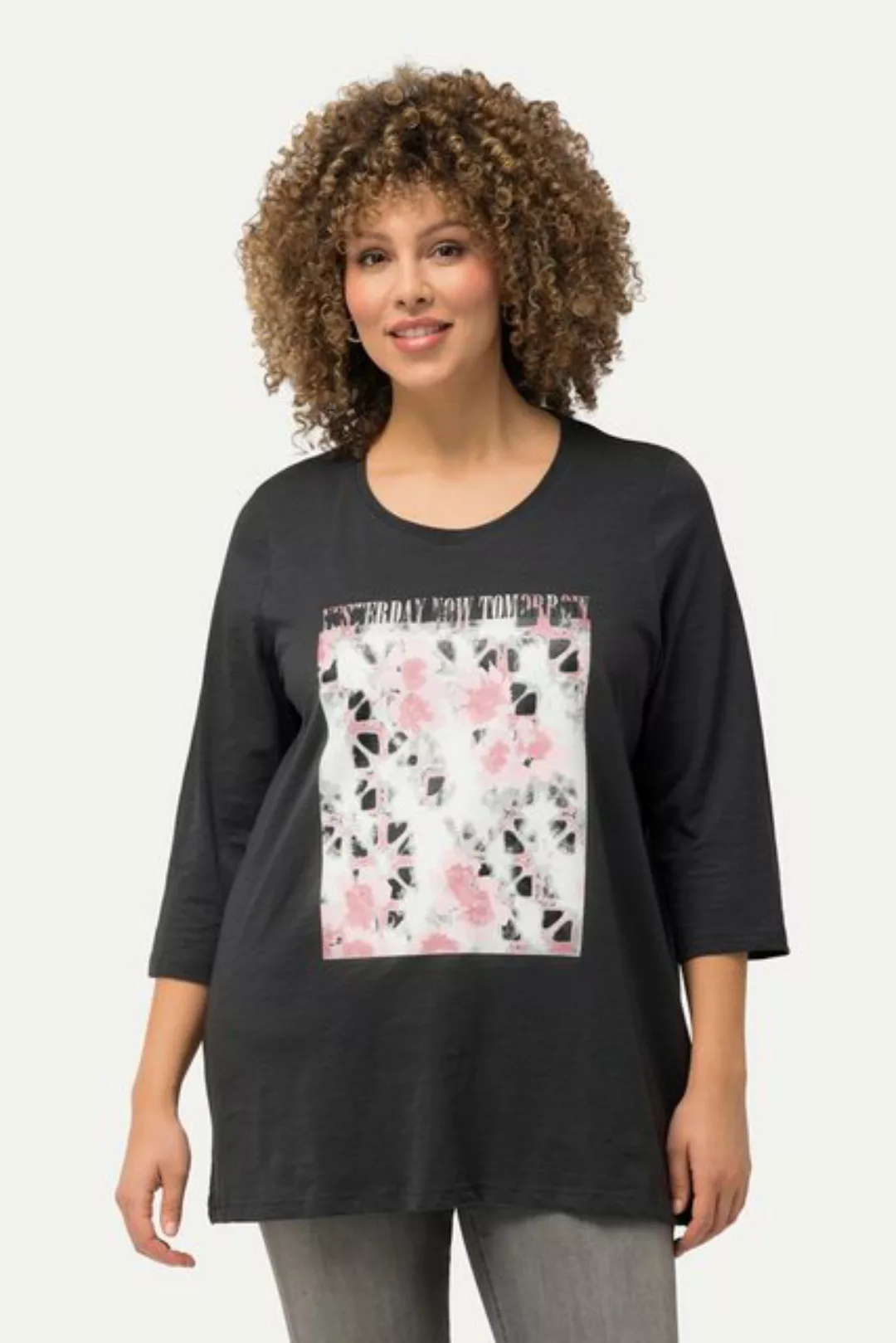 Ulla Popken Rundhalsshirt Shirt Blumen A-Linie Rundhals 3/4-Arm günstig online kaufen