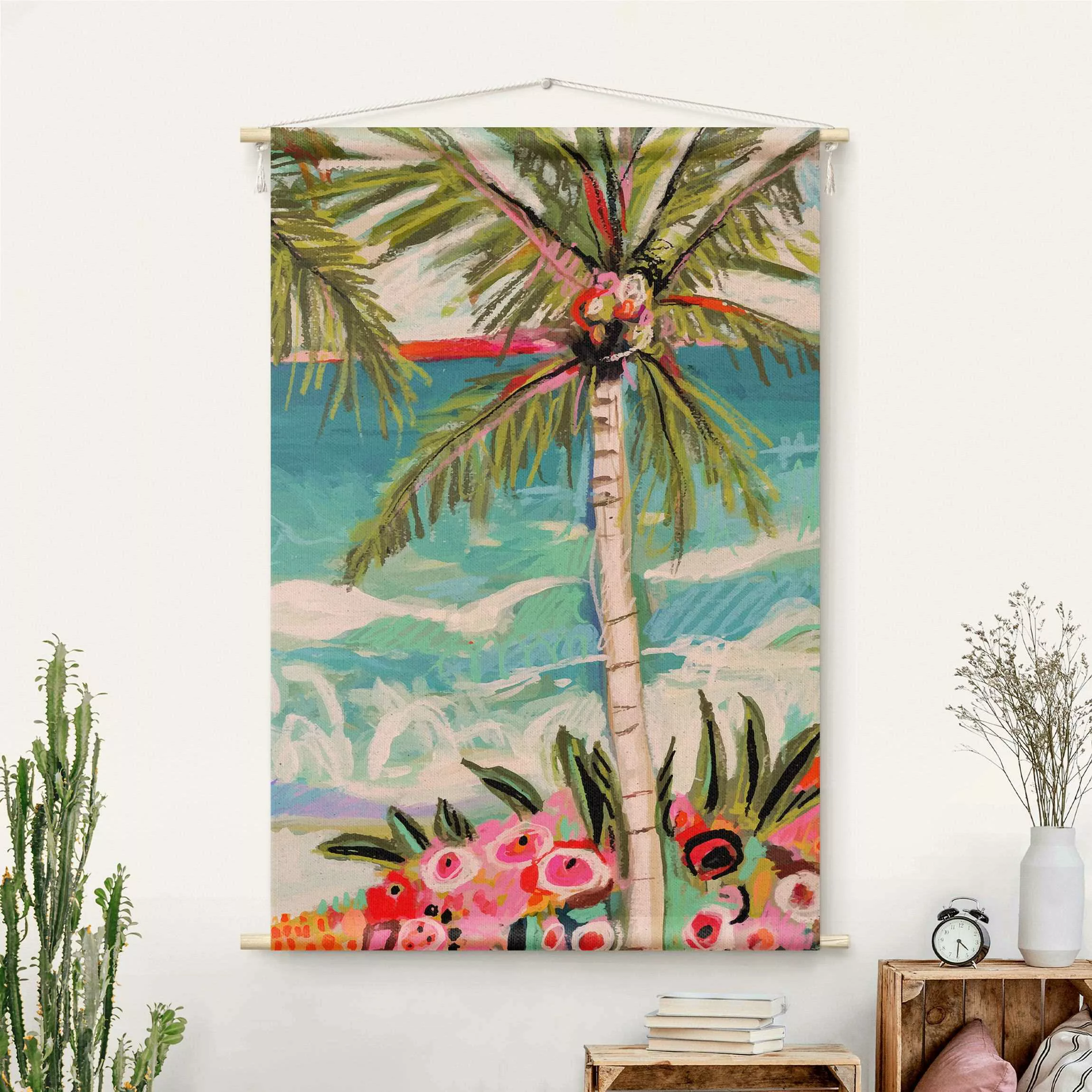 Wandteppich Palme mit pinken Blumen II günstig online kaufen