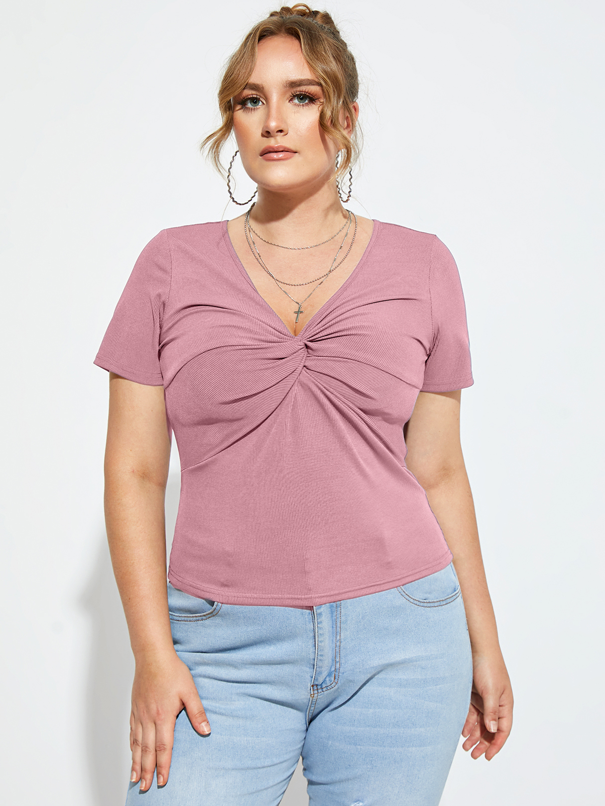 YOINS BASICS Plus Größe V-Ausschnitt Twist Short Sleeves T-Shirt günstig online kaufen