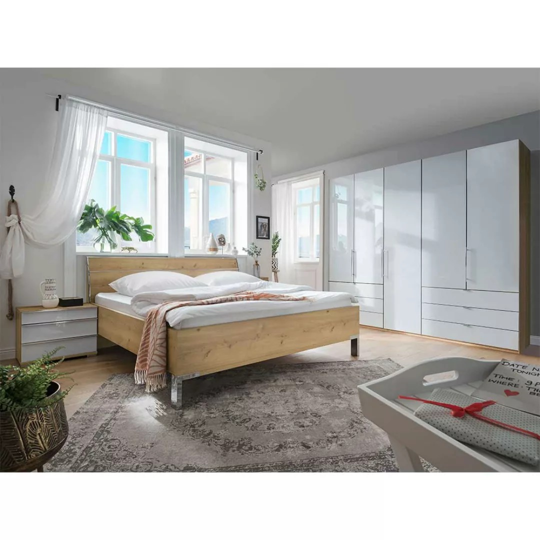 Komplettschlafzimmer in Eiche Bianco und Weiß mit Glas beschichtet (viertei günstig online kaufen