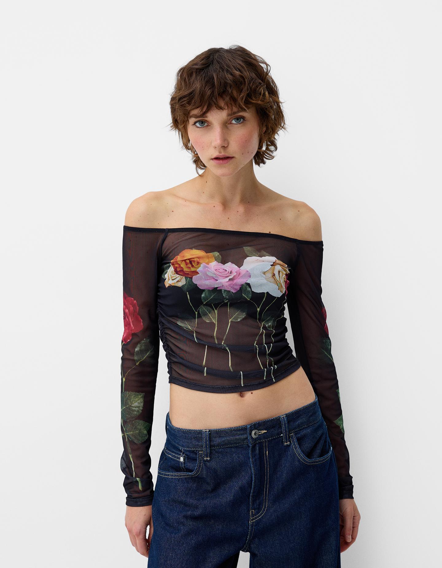 Bershka Langarmshirt Aus Tüll Mit Print Damen M Schwarz günstig online kaufen