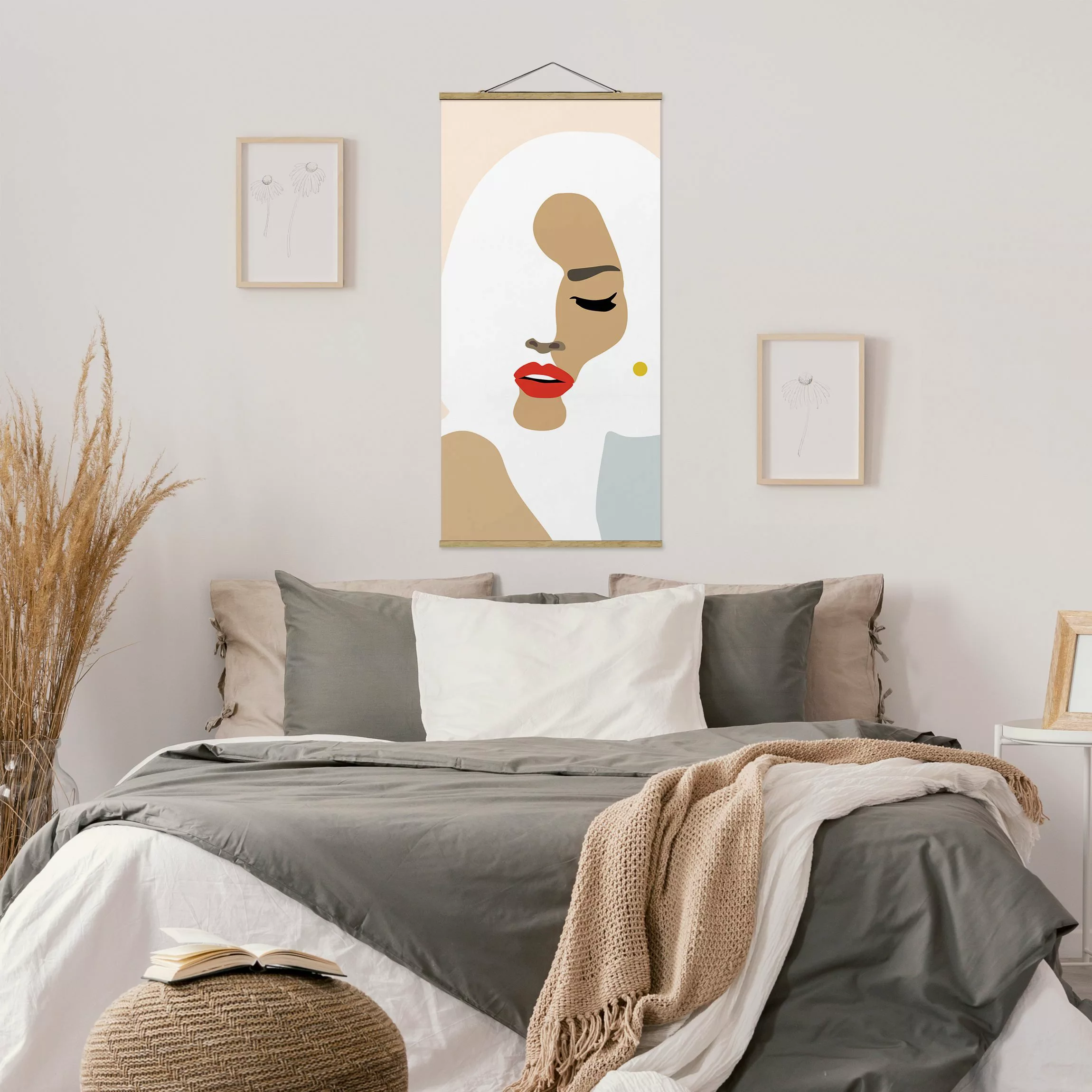 Stoffbild Abstrakt mit Posterleisten - Hochformat Line Art Portrait Frau Pa günstig online kaufen