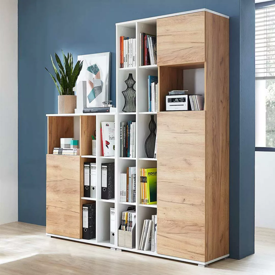 Arbeitszimmermöbel Set in Weiß und Dekor Wildeiche dunkel Made in Germany ( günstig online kaufen