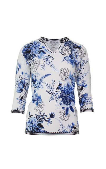 Passioni 3/4 Arm-Pullover mit floralem Print in Blau und Streifen Abschluss günstig online kaufen