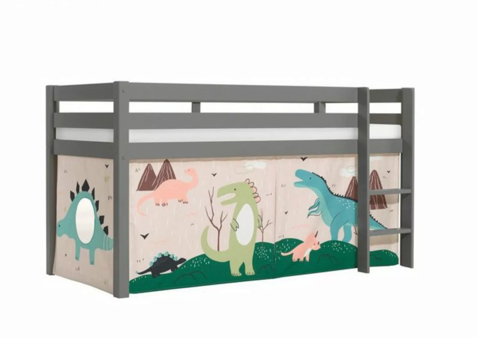 Natur24 Kinderbett Halbhohes Bett Pino mit Textilset Dino Kiefer Grau lacki günstig online kaufen