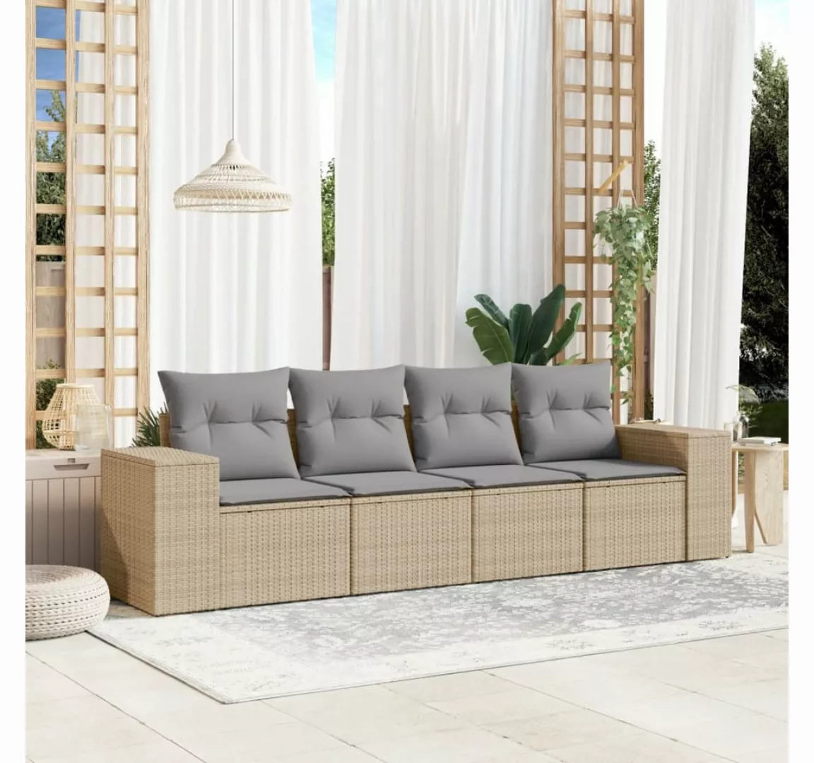 vidaXL Loungesofa 4-tlg. Garten-Sofagarnitur mit Kissen Beige Poly Rattan, günstig online kaufen