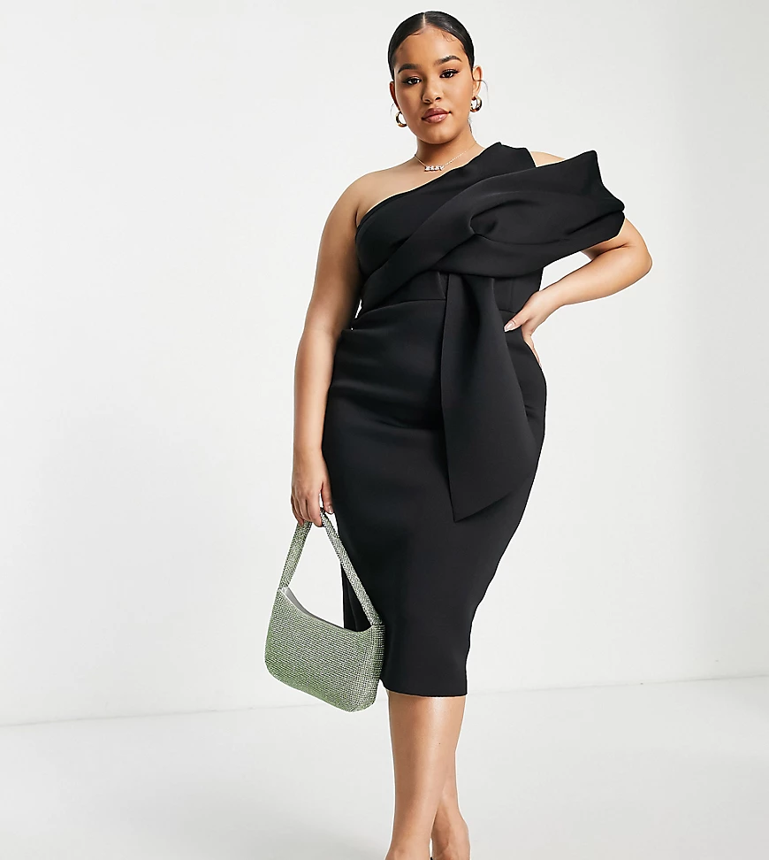 ASOS DESIGN Curve – Midi-Bleistiftkleid in Schwarz mit Faltendetail und Sch günstig online kaufen