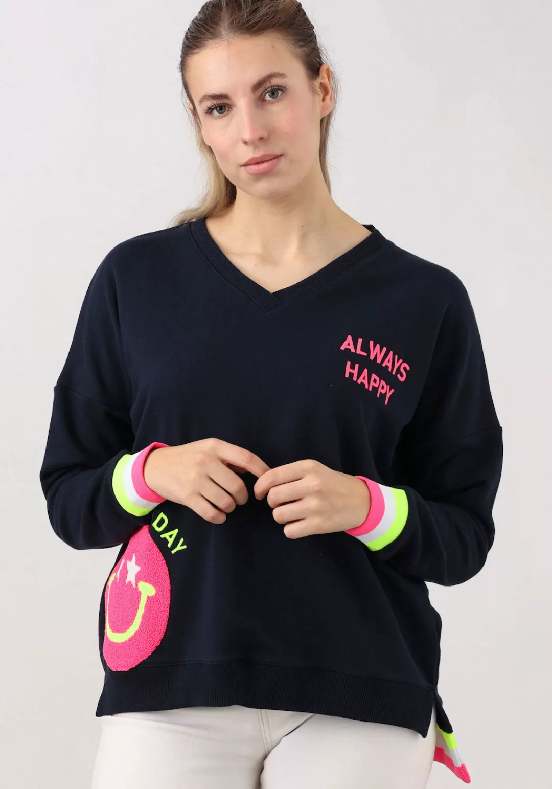 Zwillingsherz Sweatshirt Mit V-Ausschnitt und Smiley-Aufdruck aus Frottee s günstig online kaufen