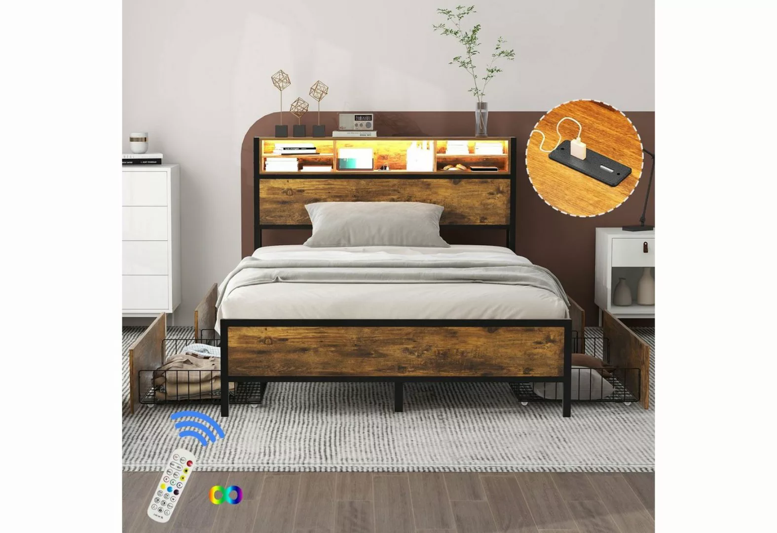 OKWISH Metallbett Doppelbett mit Lattenrost und Kopfteil, LED-Bett mit USB- günstig online kaufen