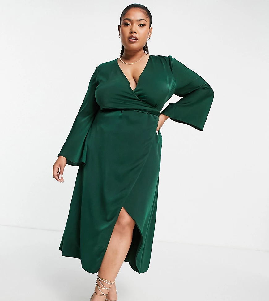 ASOS DESIGN Curve – Kurzes Wickelkleid aus Satin in Tannengrün mit ausgeste günstig online kaufen