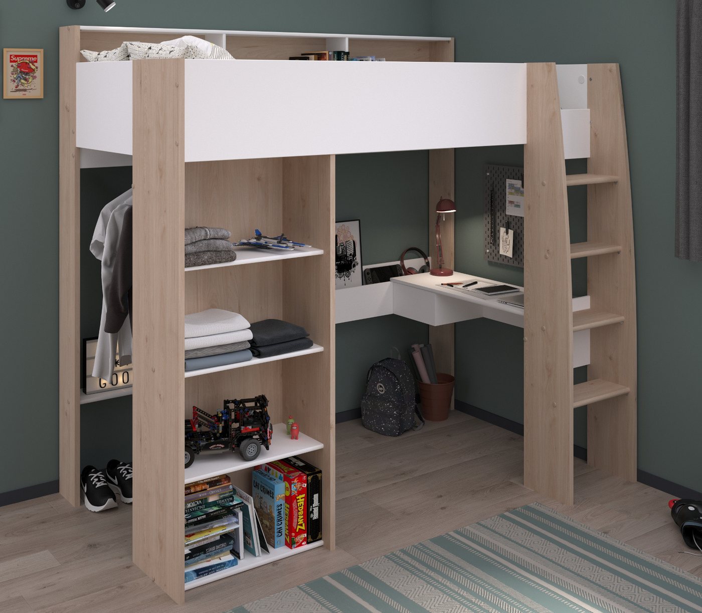 Parisot Hochbett Shelter (Etagenbett in weiß mit Eiche, 90 x 200 cm, inklus günstig online kaufen