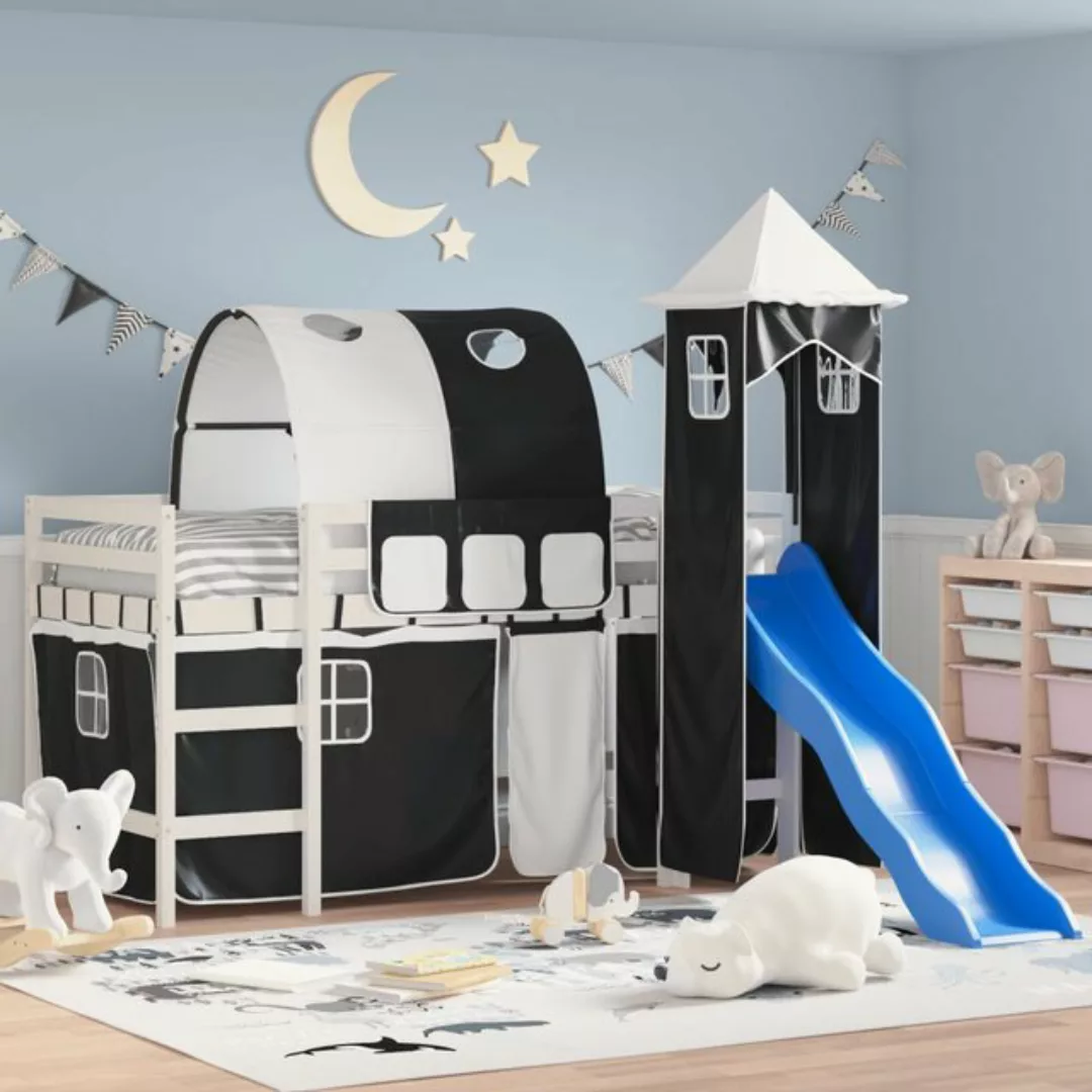 vidaXL Kinderbett Kinderhochbett mit Turm Weiß Schwarz 90x190 cm Kiefernhol günstig online kaufen