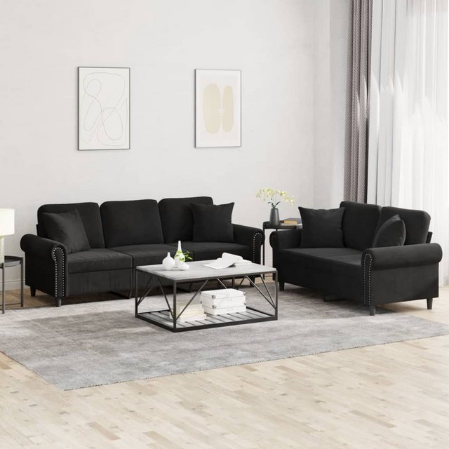 vidaXL Sofa 2-tlg. Sofagarnitur mit Kissen Schwarz Samt günstig online kaufen