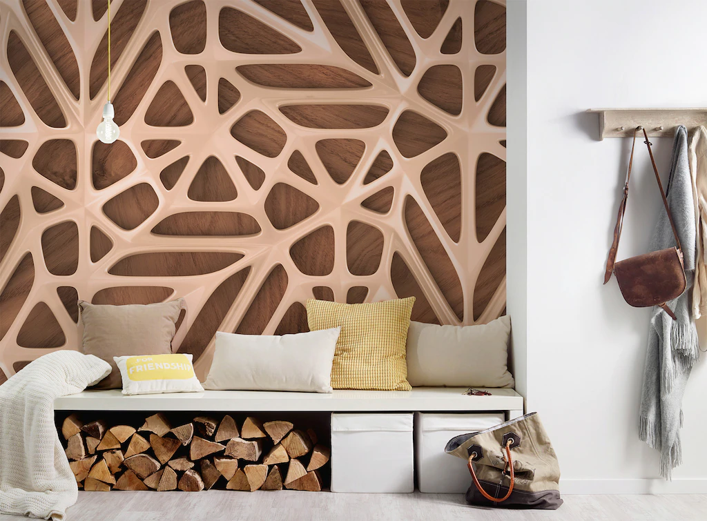 Fototapete Holzoptik Organisches Muster Weiß Beige 3,50 m x 2,55 m FSC® günstig online kaufen