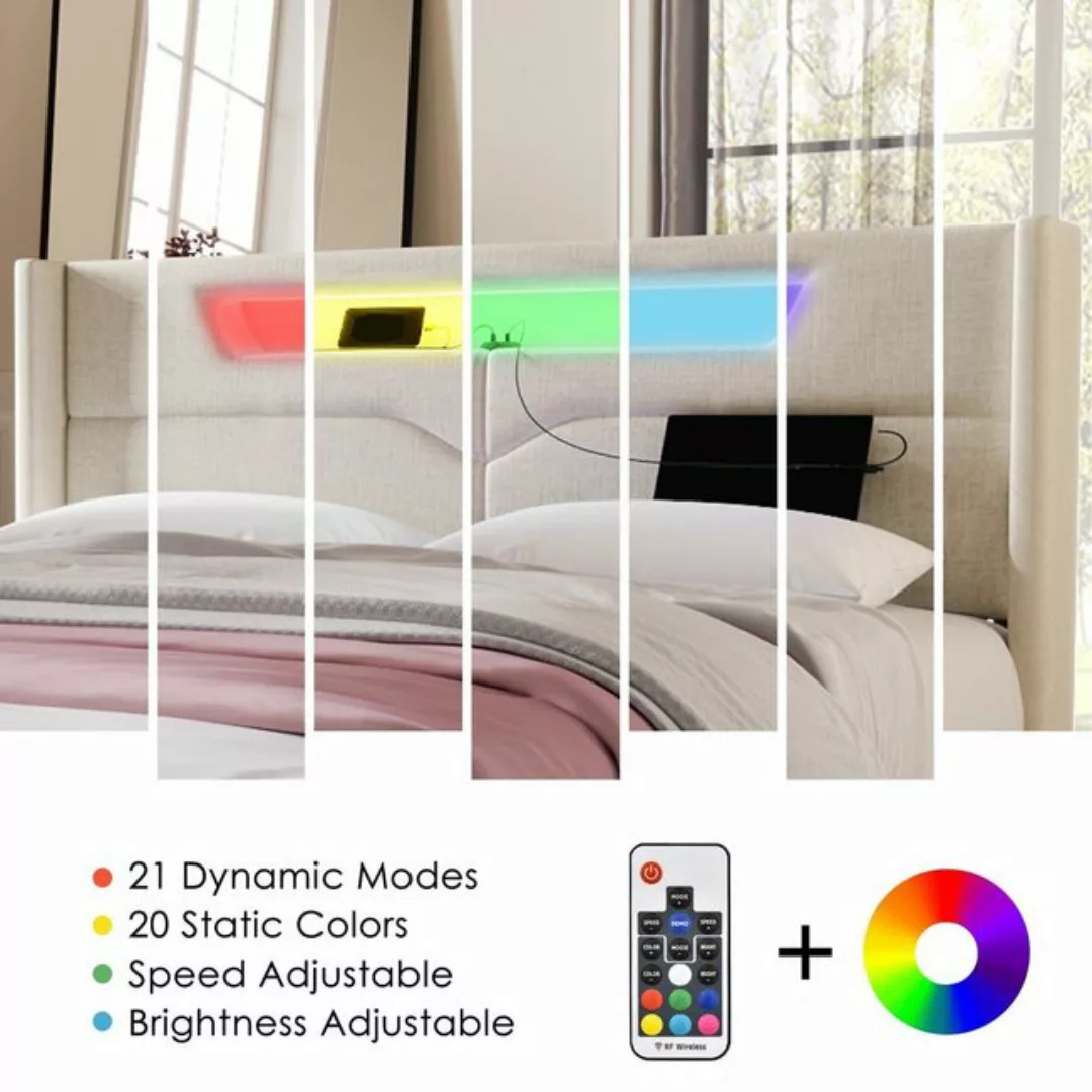 MODFU Polsterbett LED Doppelbett mit USB Typ C Ladefunktion, 160 x 200 cm, günstig online kaufen