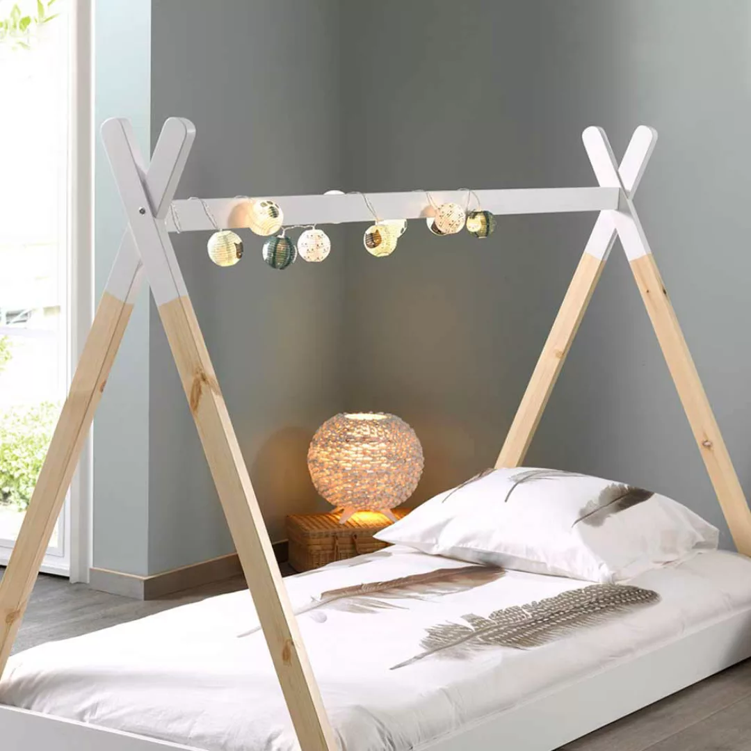 Kinderzimmer Bett im Tipi Zelt Design Weiß Kiefer massiv günstig online kaufen