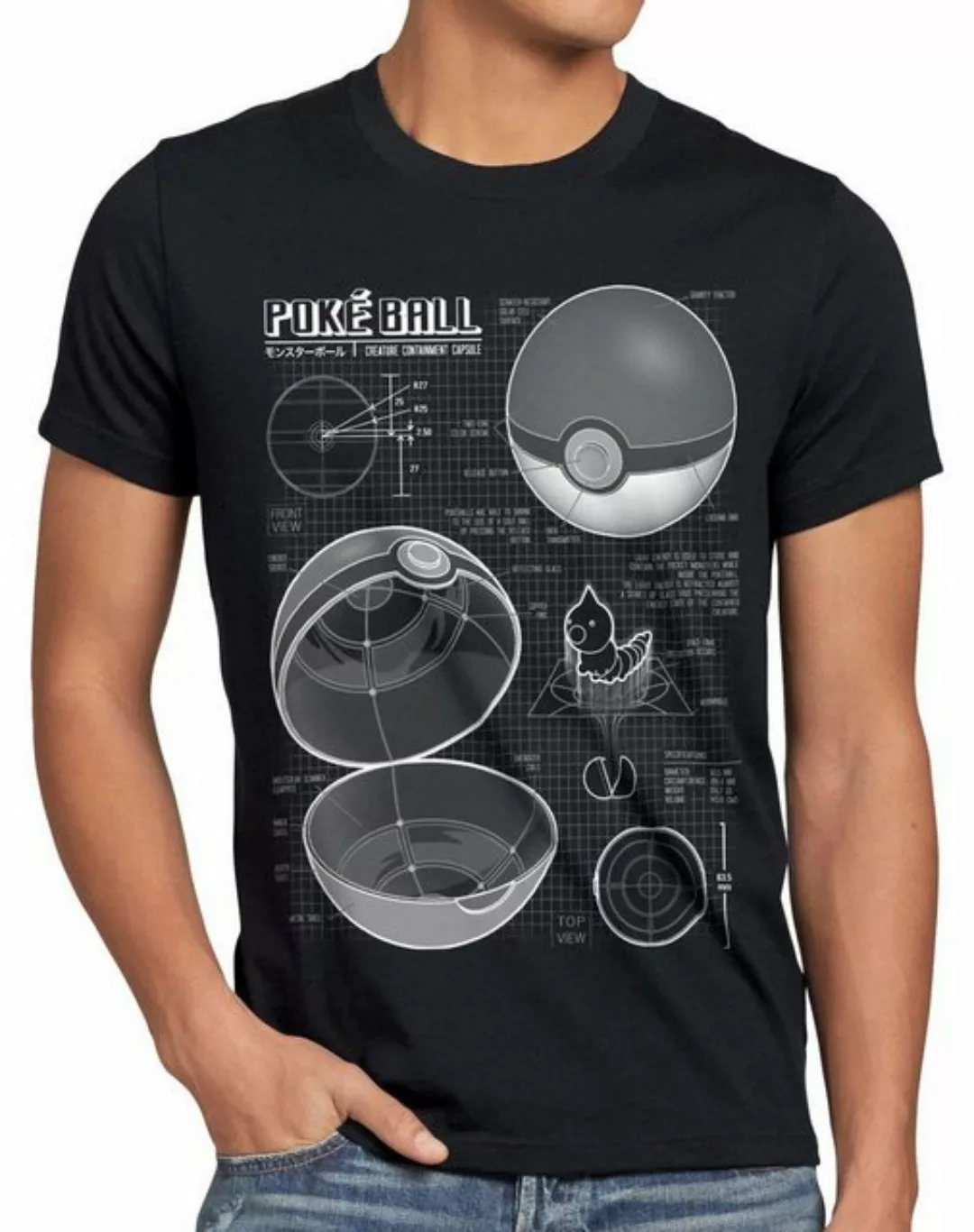 style3 Print-Shirt Herren T-Shirt Pokéball Blaupause monster spiel online günstig online kaufen