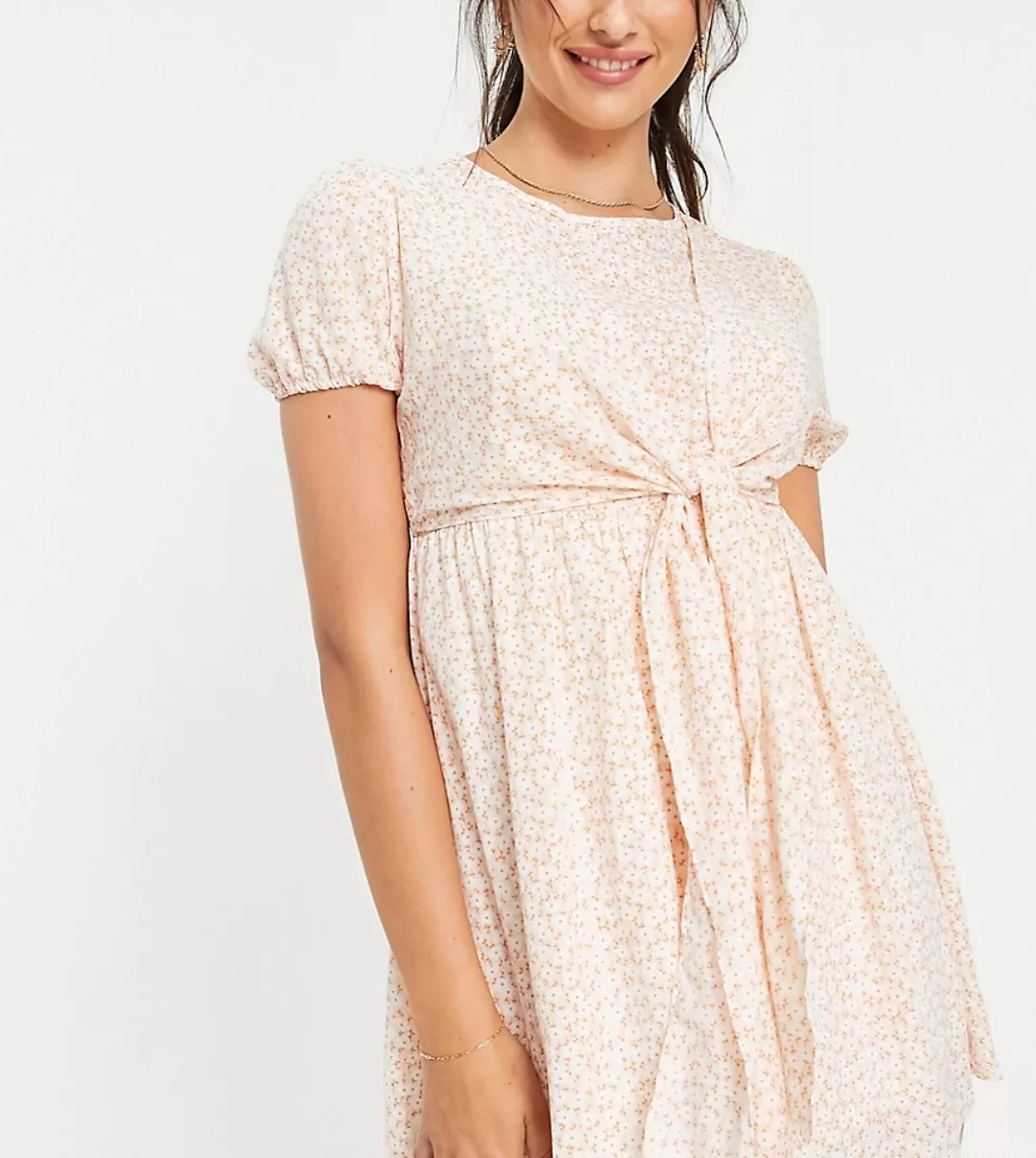 In The Style x Dani Dyer – Umstandsmode – Rosa-bunt gemustertes Minikleid m günstig online kaufen