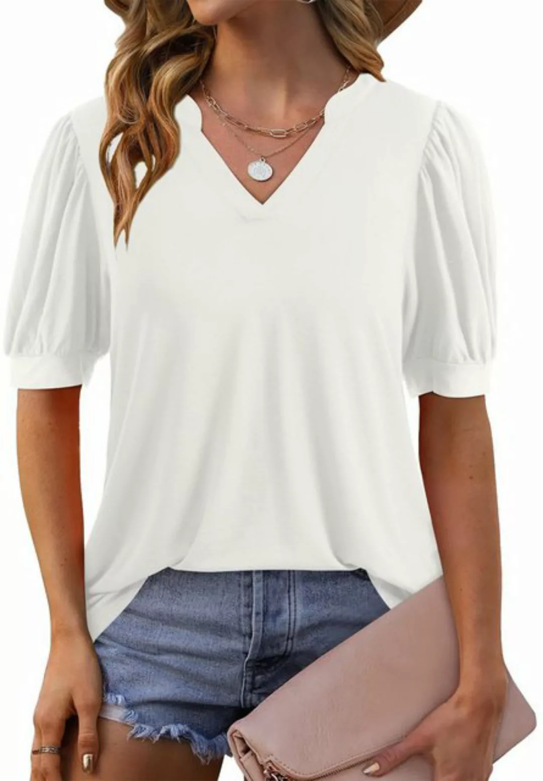 Opspring T-Shirt Damen Elegant Langarm V-Ausschnitt Einfarbig Basic Tops günstig online kaufen