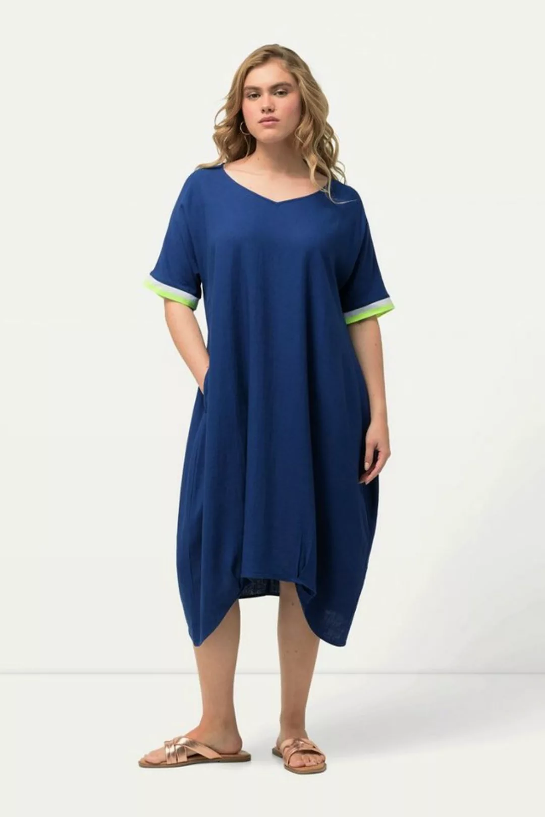 Ulla Popken Sommerkleid Midikleid Leinenmix V-Ausschnitt günstig online kaufen