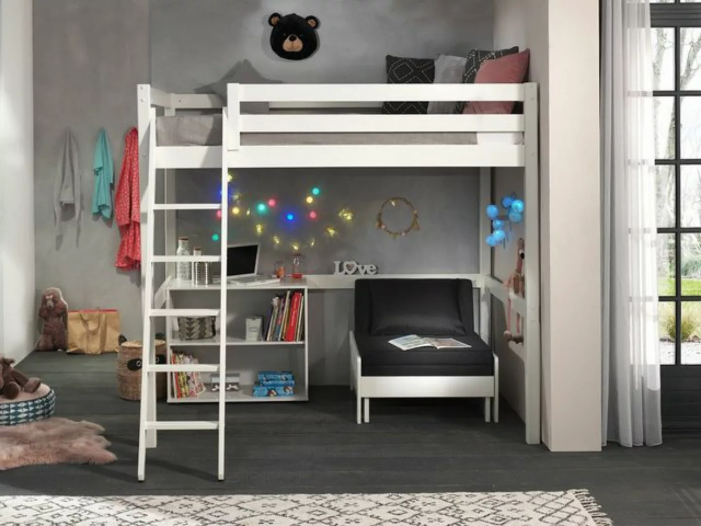 Natur24 Kinderbett Hochbett mit Sesselbett und Regal Pino 140x200cm Kiefer günstig online kaufen