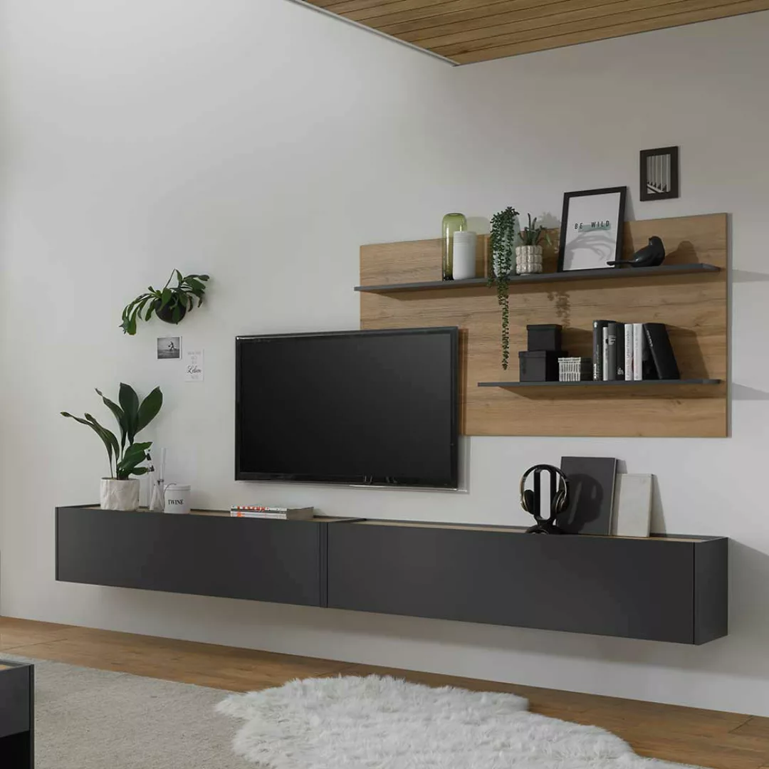 Wohnzimmer Anbauwand in Anthrazit und Wildeiche Optik 300 cm breit (dreitei günstig online kaufen