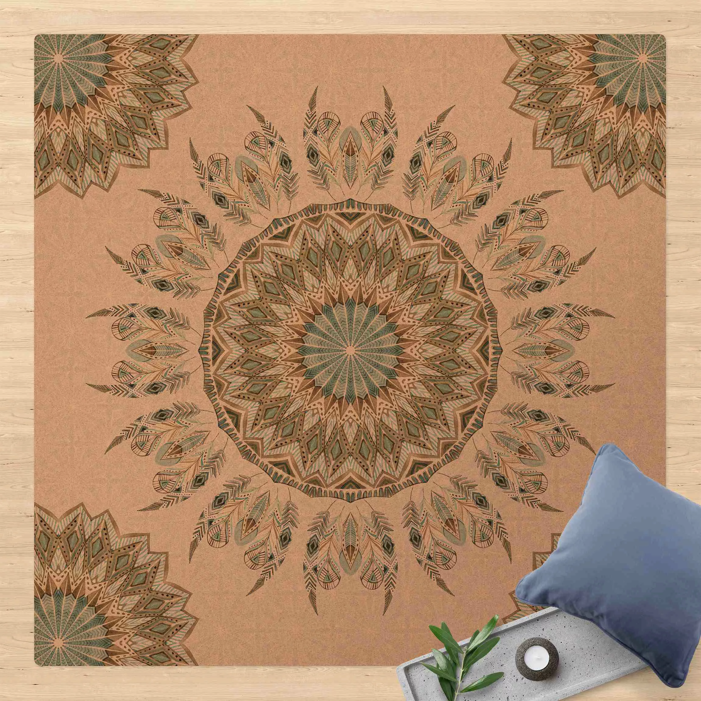 Kork-Teppich Mandala Aquarell Federn Muster blau grün günstig online kaufen