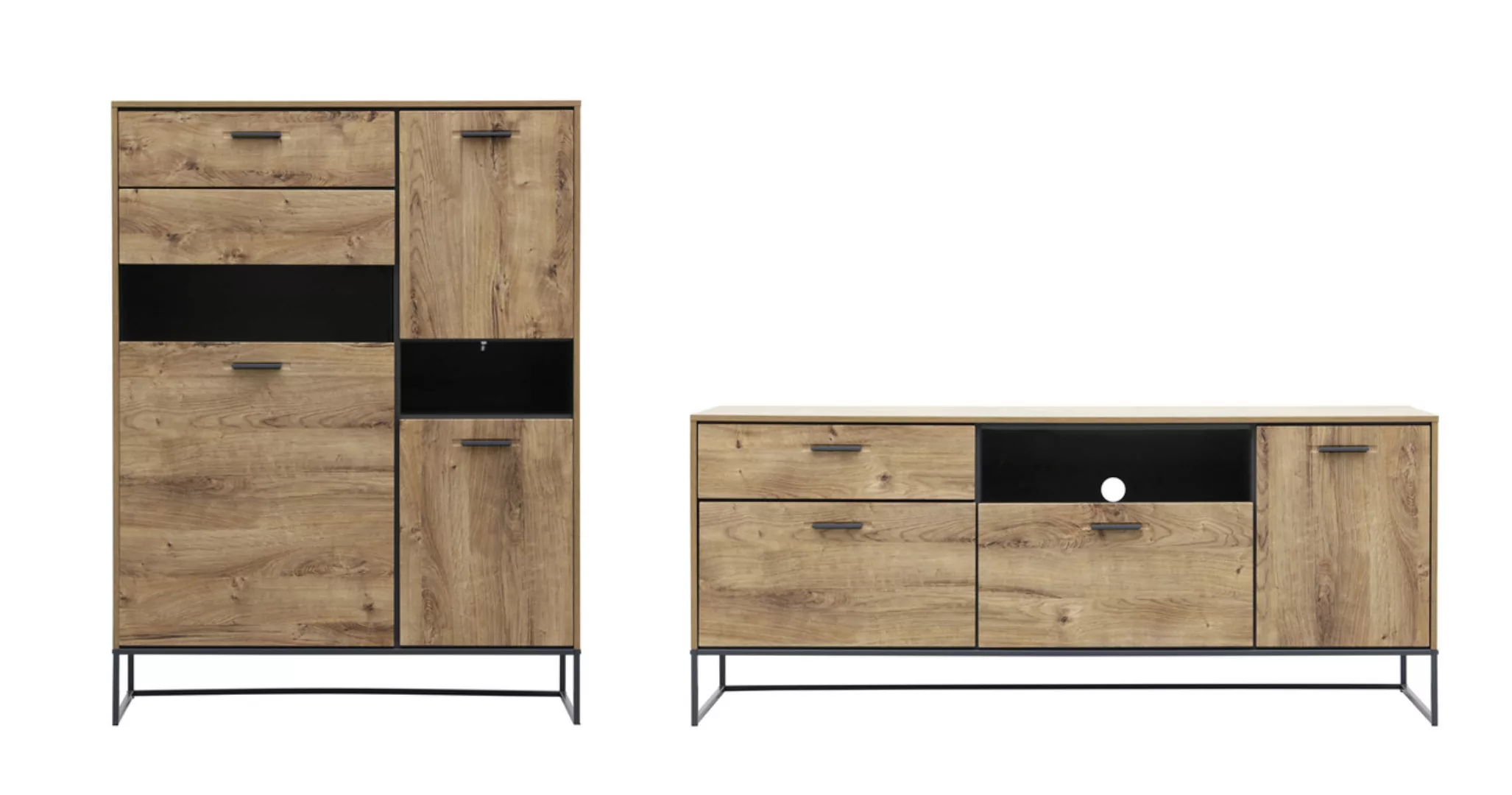 Wohnwand 2-tlg 300cm MANHATTAN von Wohn-Concept Haveleiche Cognac / Metallg günstig online kaufen