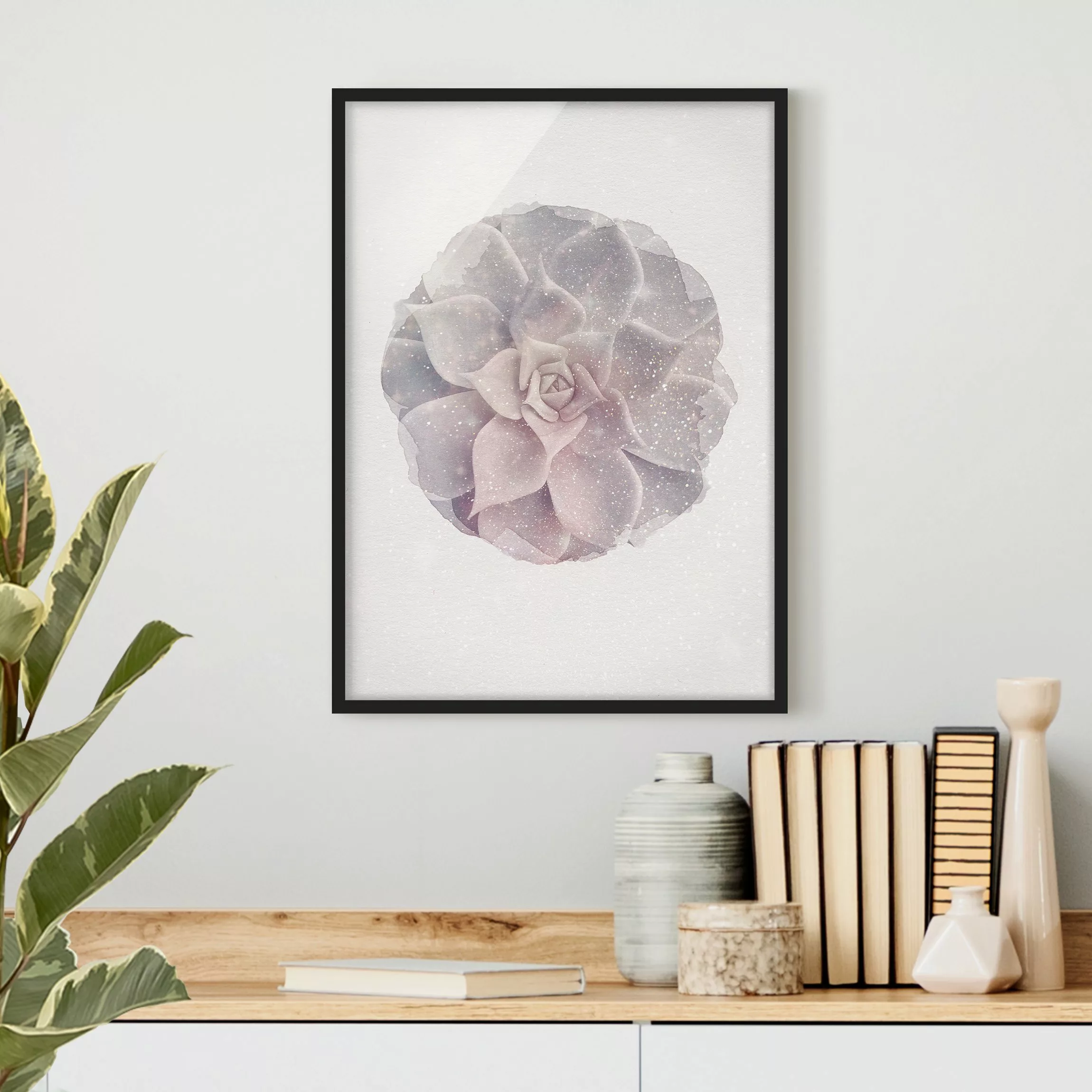 Bild mit Rahmen Blumen - Hochformat Wasserfarben - Kaktus Sukkulente günstig online kaufen