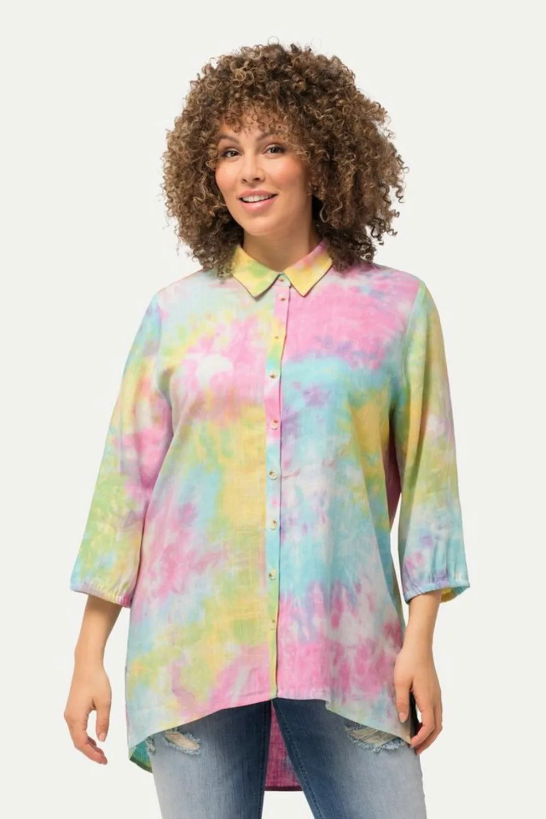 Ulla Popken Longbluse Leinenmix-Bluse Batik-Druck Hemdkragen 3/4-Arm günstig online kaufen