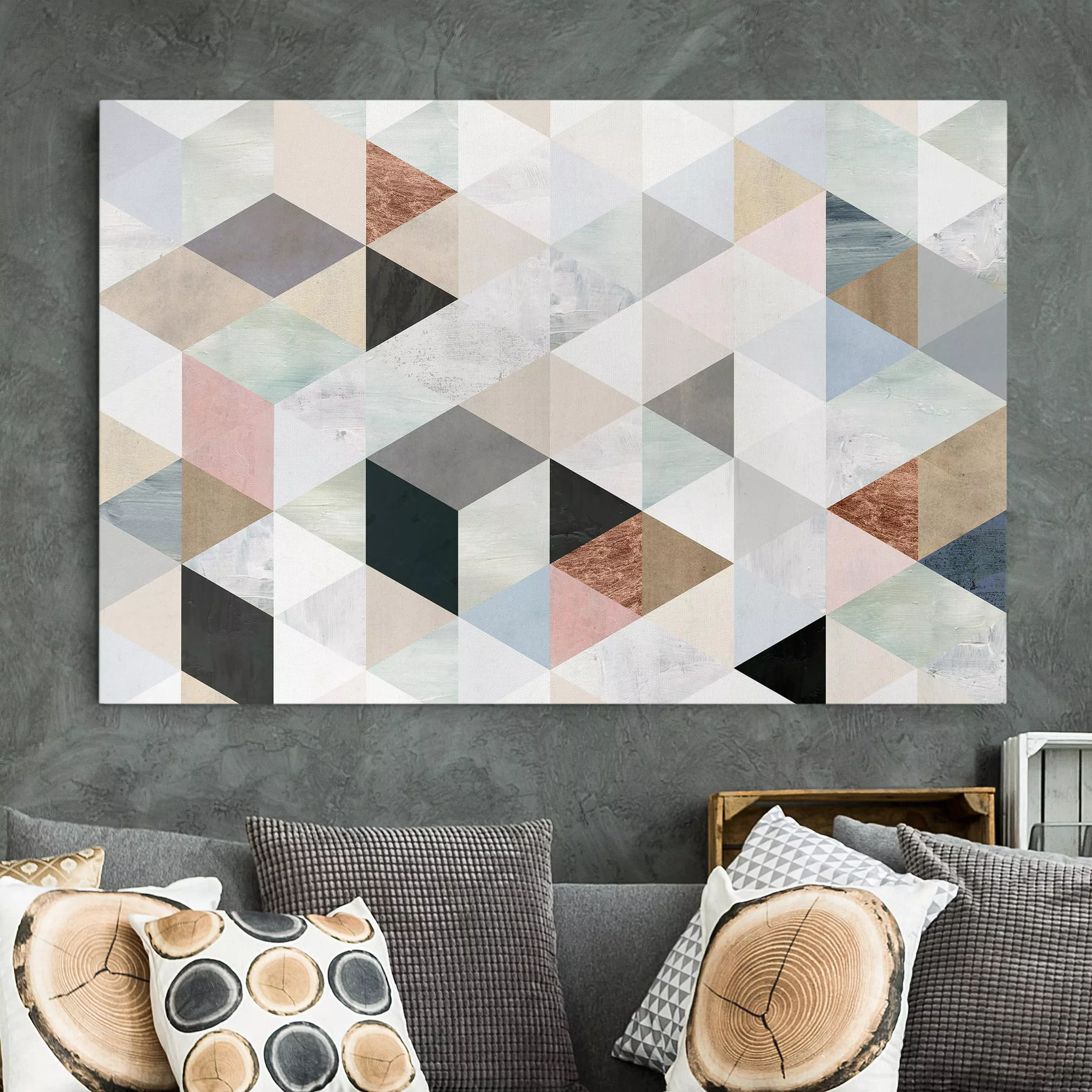 Leinwandbild Muster - Querformat Aquarell-Mosaik mit Dreiecken I günstig online kaufen