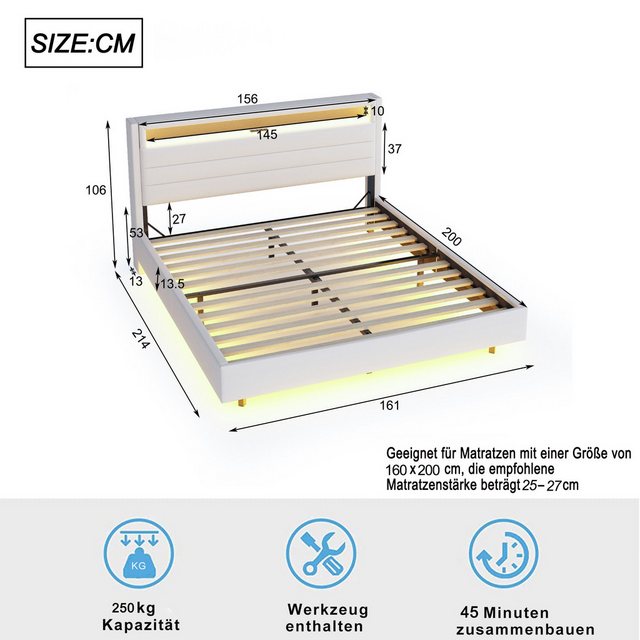 Flieks Polsterbett, LED Doppelbett 160x200cm mit USB-Laden und Stauraum am günstig online kaufen