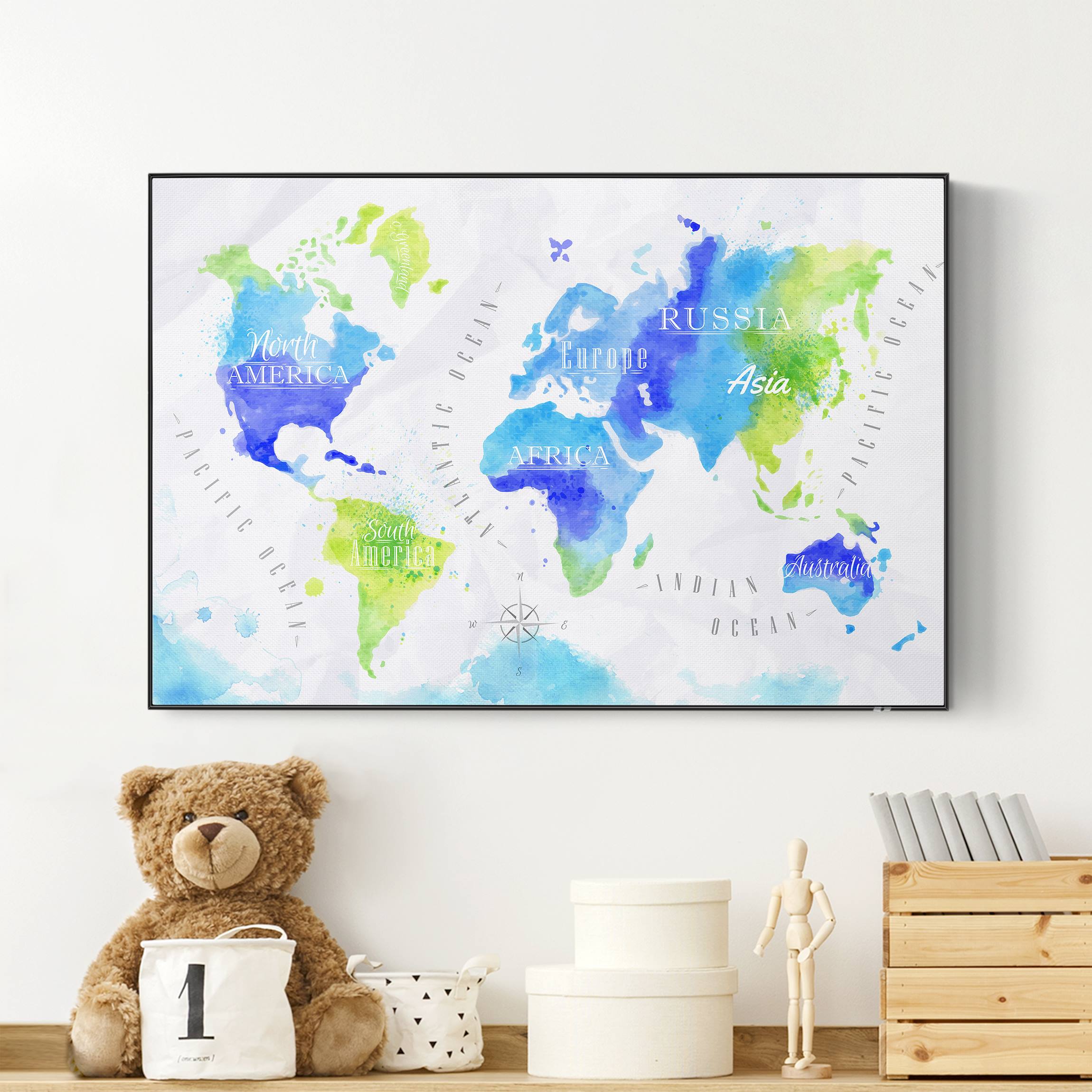 Akustik-Wechselbild mit Spannrahmen Weltkarte Aquarell blau grün günstig online kaufen
