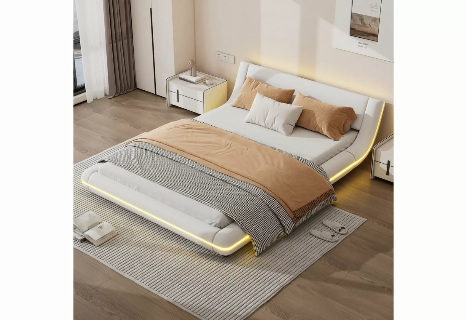 HAUSS SPLOE Polsterbett 140 x 200cm Flachbett, Bodenbett mit LED-Umgebungsl günstig online kaufen