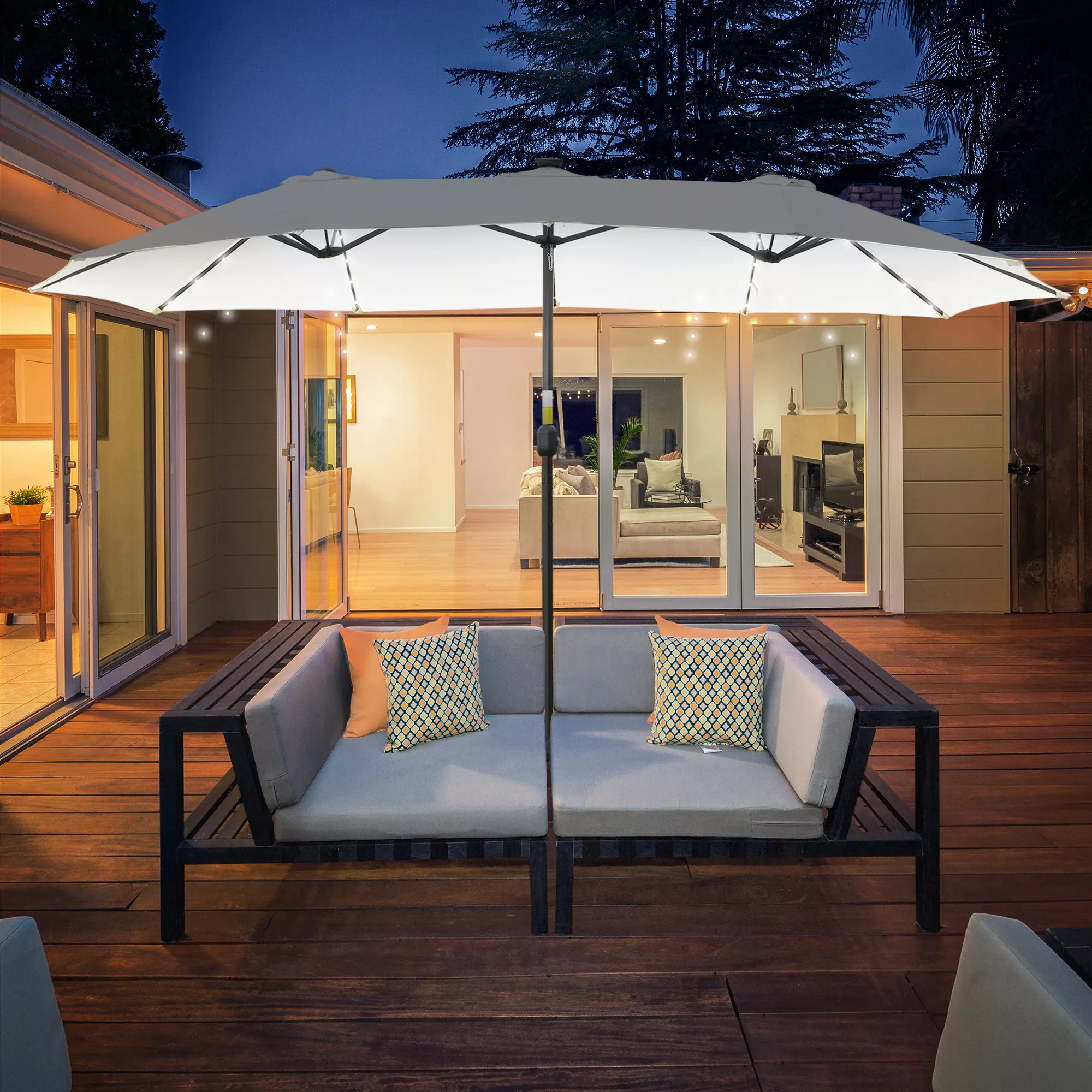 Outsunny Sonnenschirm mit LED Solar 4,5m Doppelsonnenschirm Gartenschirm Ma günstig online kaufen