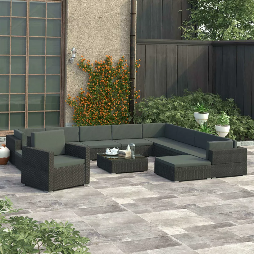 12-tlg. Garten-lounge-set Mit Auflagen Poly Rattan Schwarz günstig online kaufen
