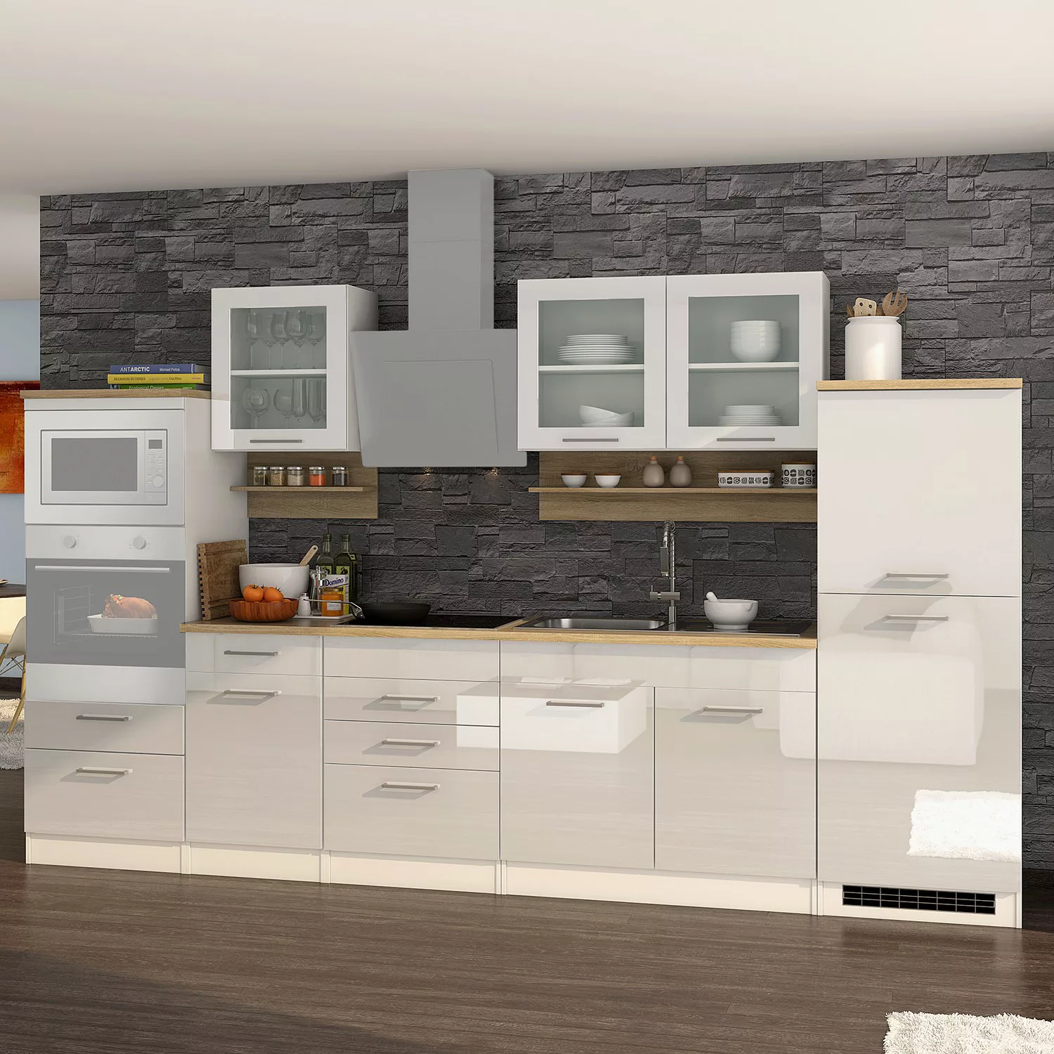 Held Möbel Küchenzeile Mailand 330 cm Grau Hochglanz-Grau Matt ohne E-Gerät günstig online kaufen
