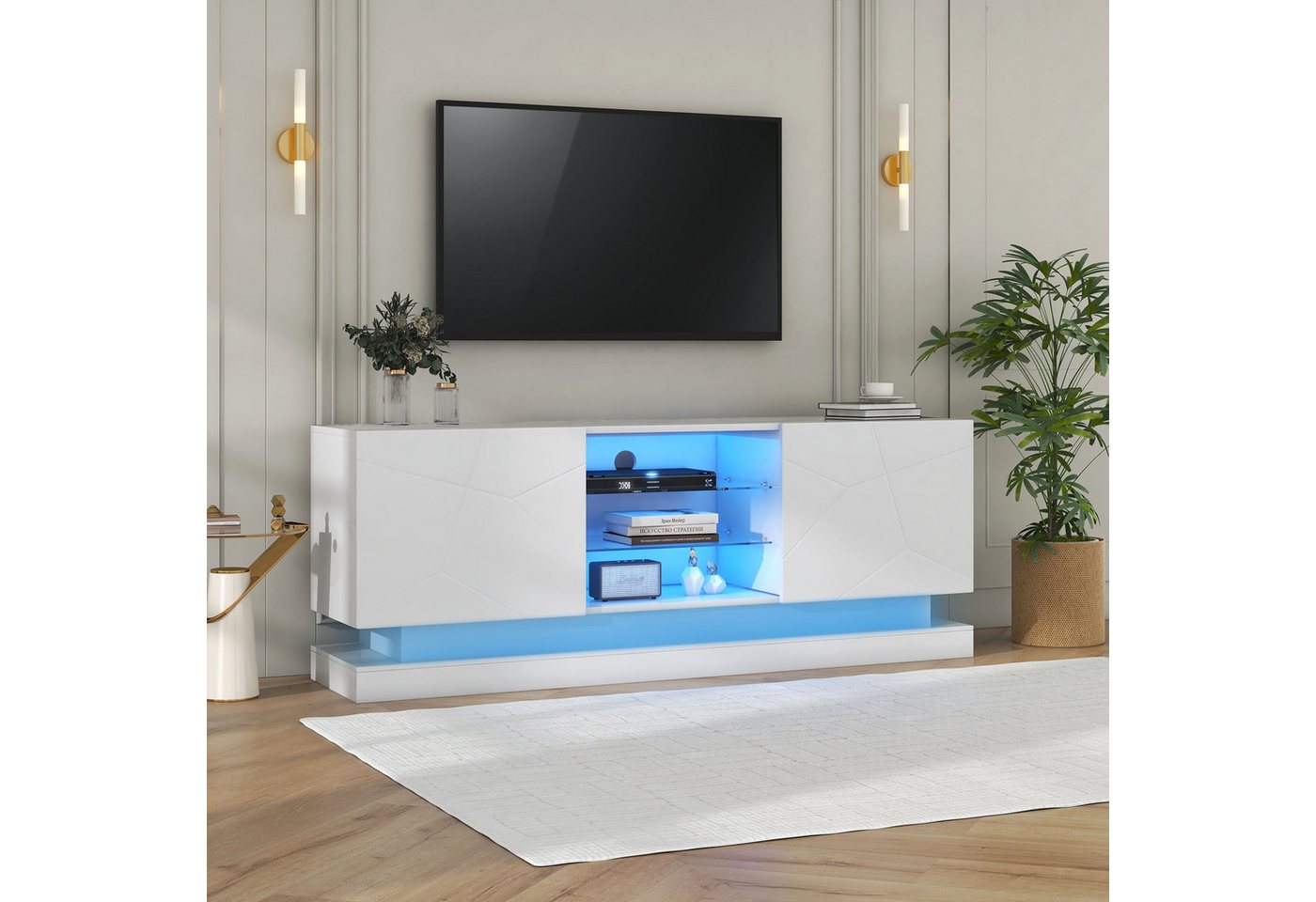 Blusmart TV-Schrank Weißer Hochglanz-TV-Schrank (Verstellbare Glasablage, , günstig online kaufen