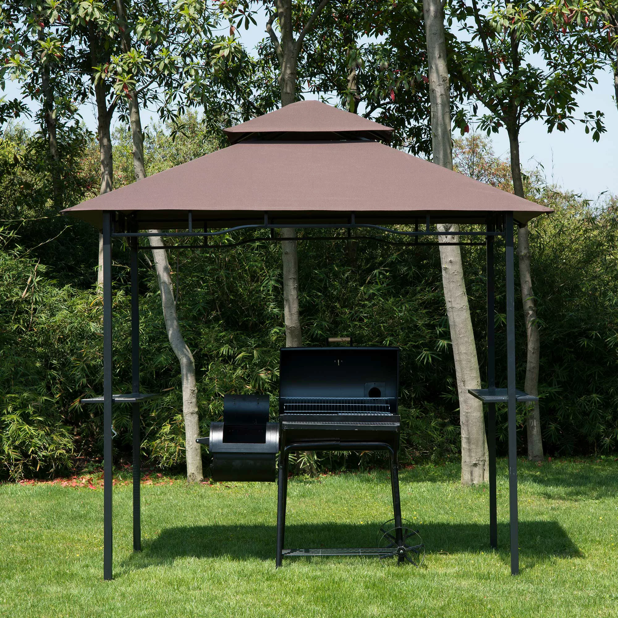 Outsunny Grillpavillon Gartenzelt flammhemmendes Doppeldach Kaffeebraun+Sch günstig online kaufen