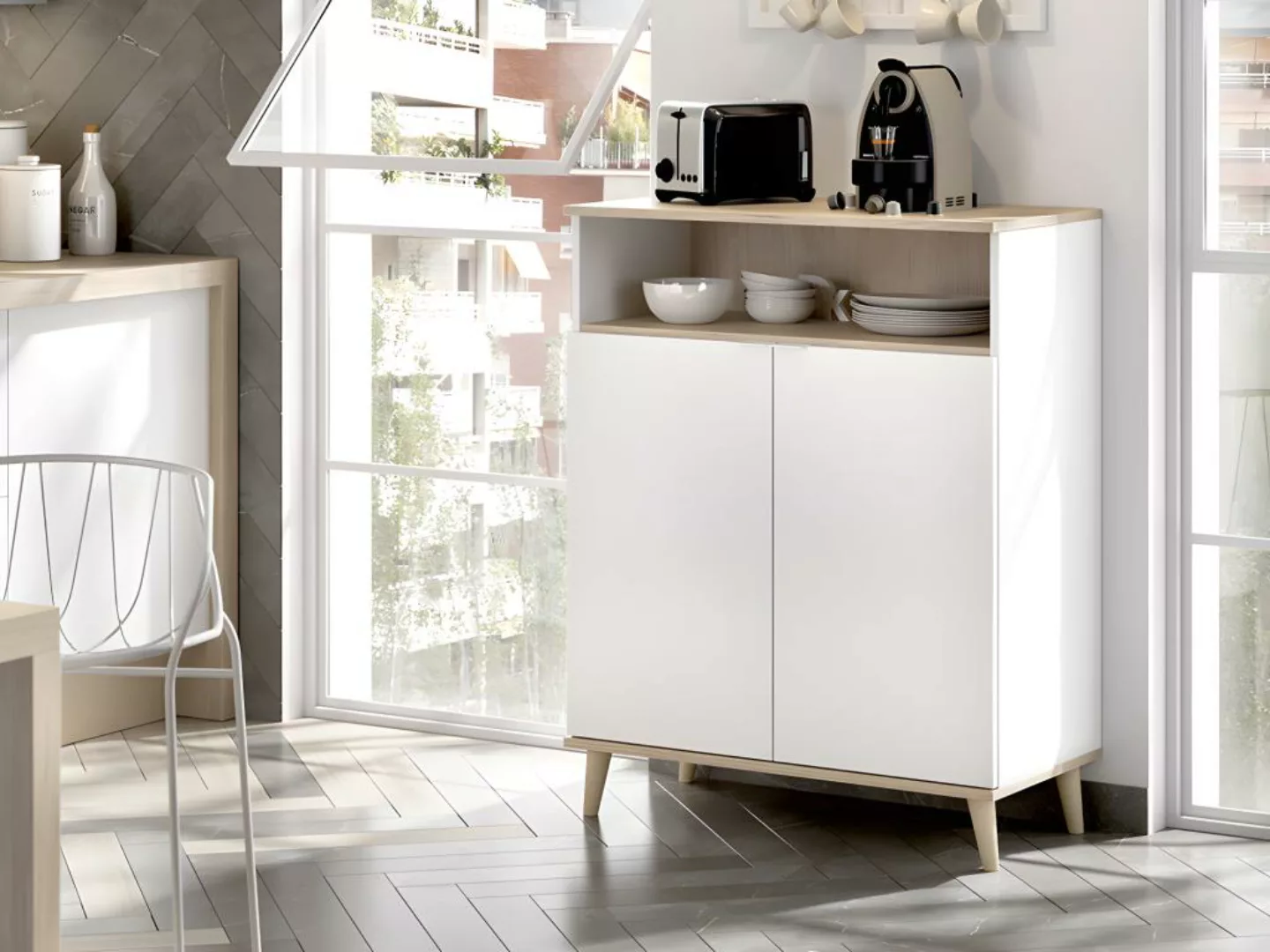 Küchenschrank mit 2 Türen & 1 Ablage - Weiß & Eichefarben - WAJDI günstig online kaufen