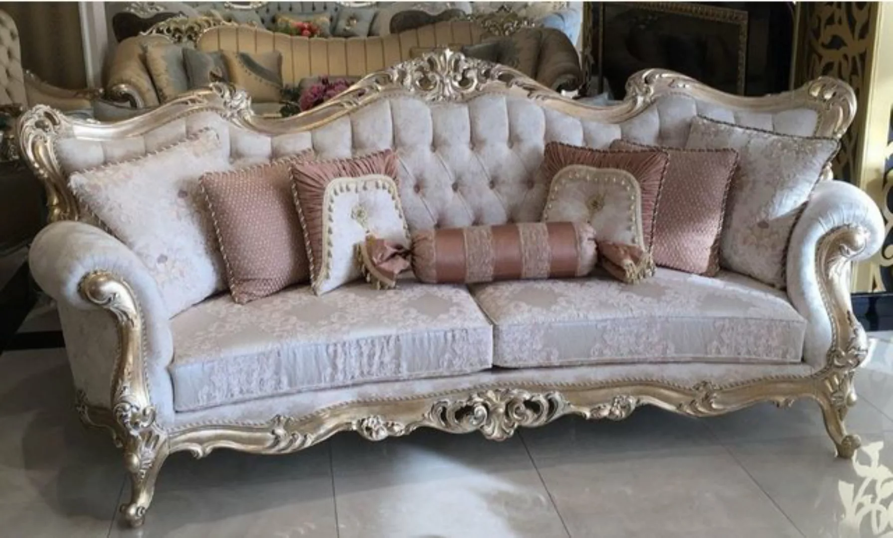 Casa Padrino Sofa Luxus Barock Wohnzimmer Sofa Creme / Rosa / Gold 300 x 98 günstig online kaufen