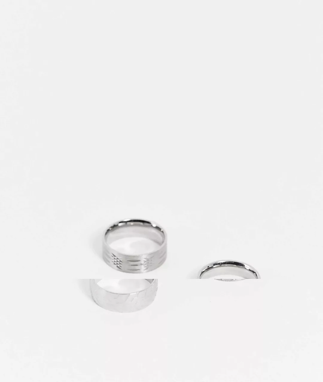 ASOS DESIGN – Silberfarbenes Ring-Set aus Edelstahl mit Stanzarbeit und Prä günstig online kaufen