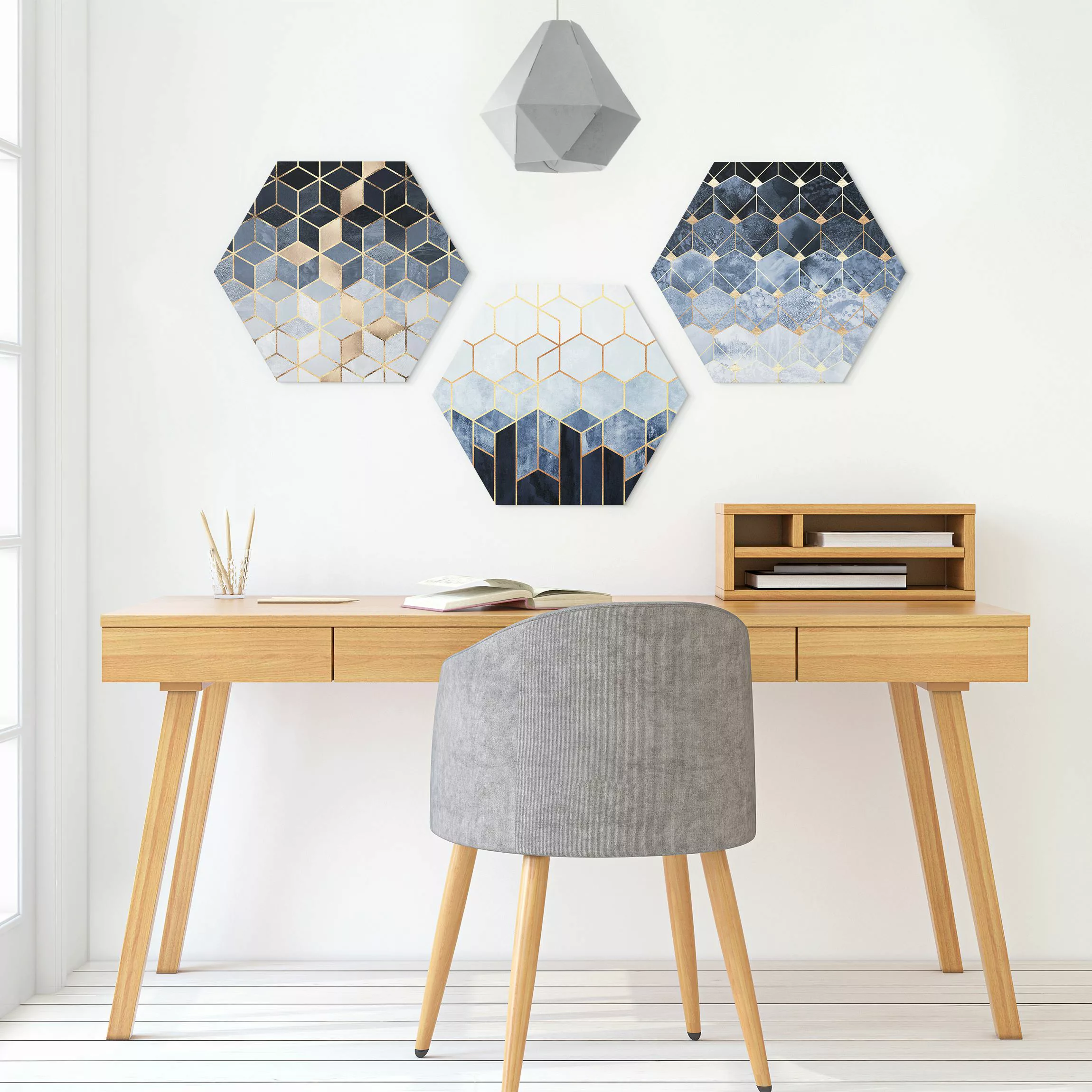 3-teiliges Hexagon-Alu-Dibond Bild Blau Weiß goldene Sechsecke Set günstig online kaufen