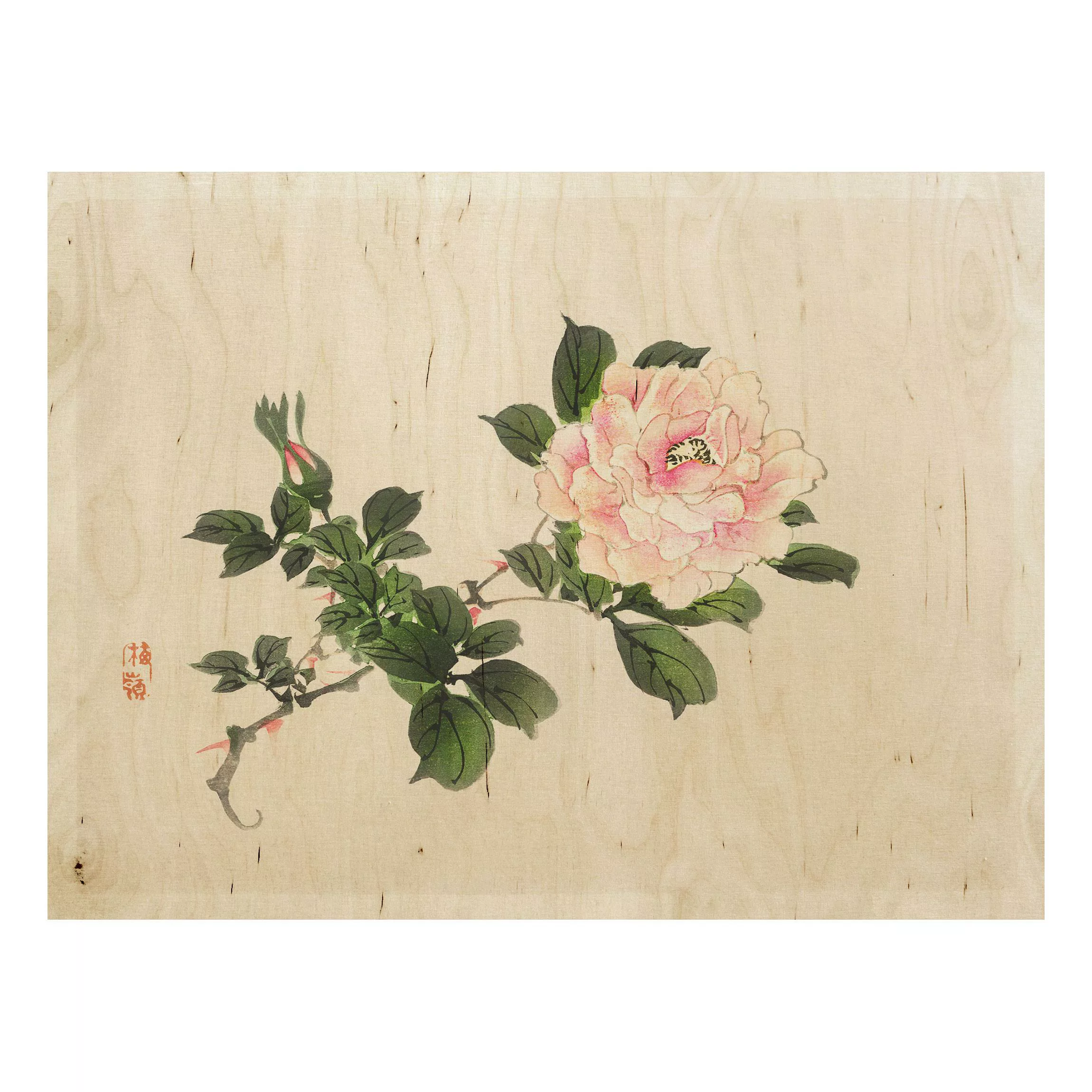 Holzbild Blumen - Querformat 4:3 Asiatische Vintage Zeichnung Rosa Rose günstig online kaufen