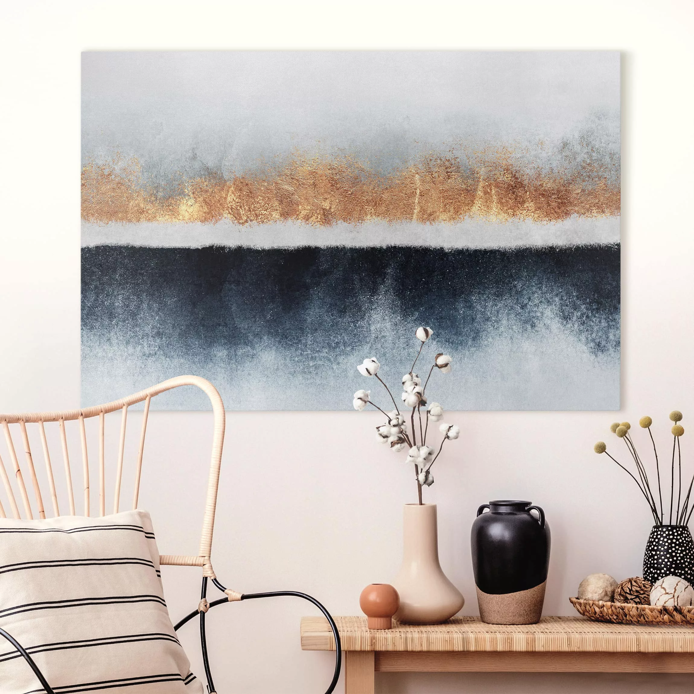 Leinwandbild Abstrakt - Querformat Goldener Horizont Aquarell günstig online kaufen