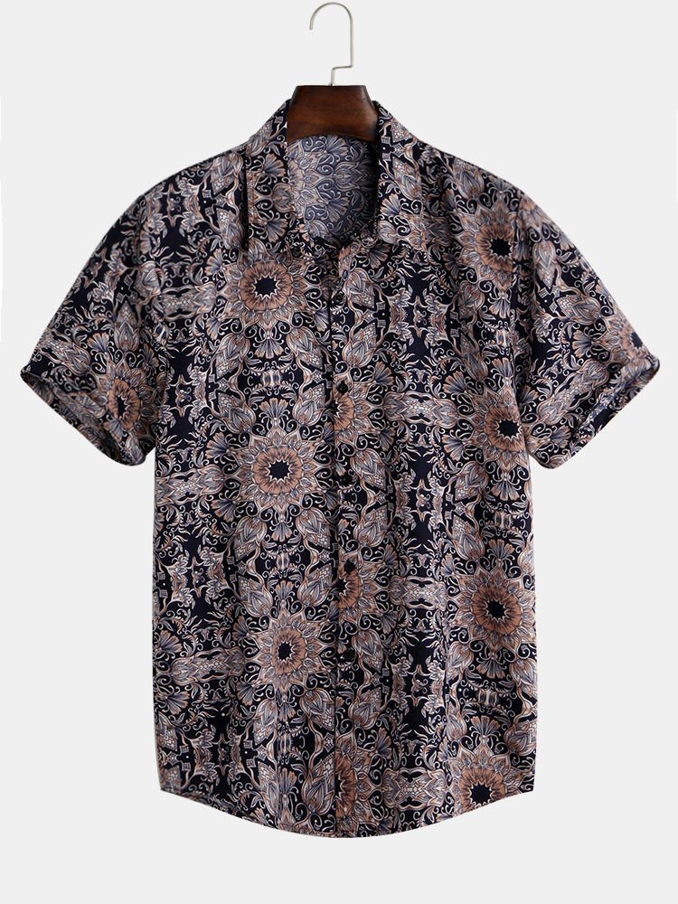 Mens Ethnic Floral Printed Vacation Schlankes Kurzarm-Revers-T-Shirt günstig online kaufen